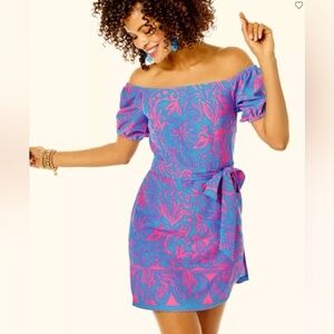 NWT Lilly Pulitzer Jada Off-The-Shoulder Romper in Aura Pink